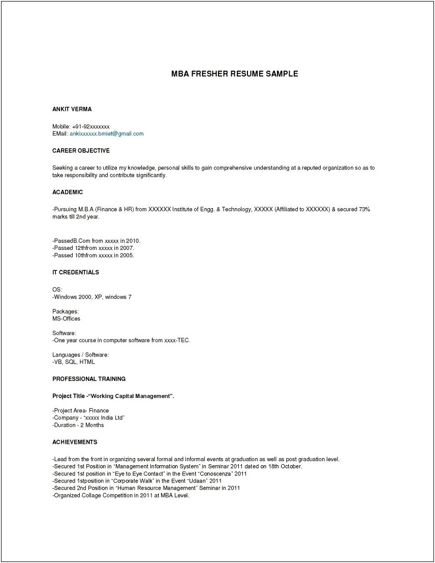 Resume Format In Word For Mba Freshers