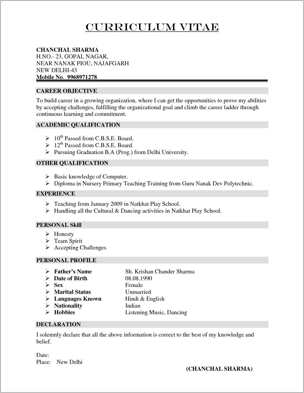 Resume Format Samples To Get A Job
