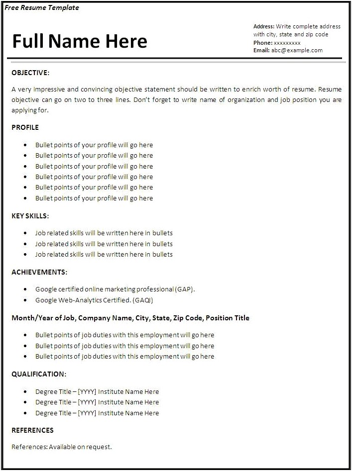 Resume Formats For One Job