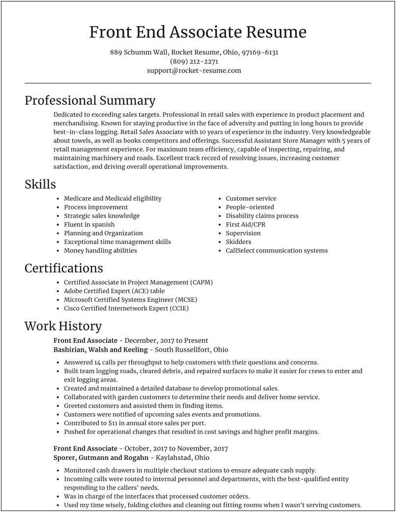 Resume Front End Hourly Asociate Template