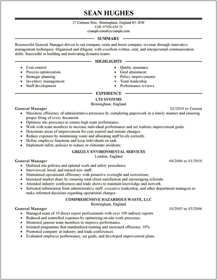 Resume General Manager Job Description
