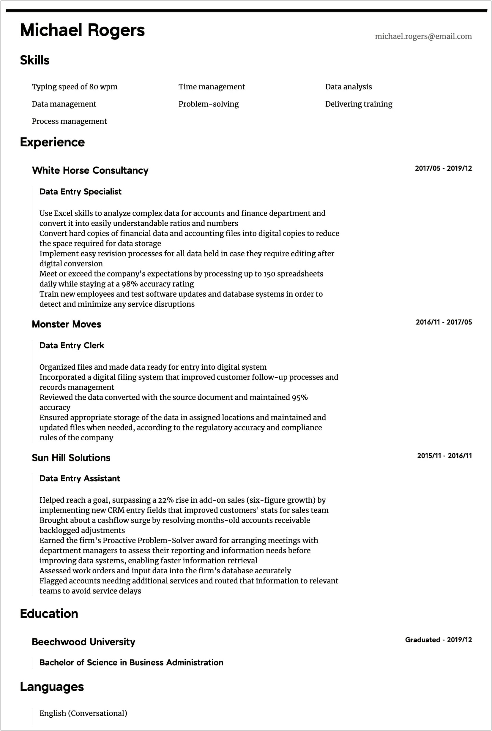Resume Headline For Data Entry No Experience