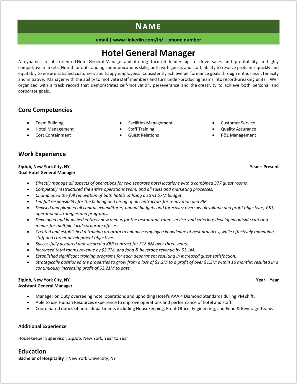 Resume Headline For Hotel General Manager