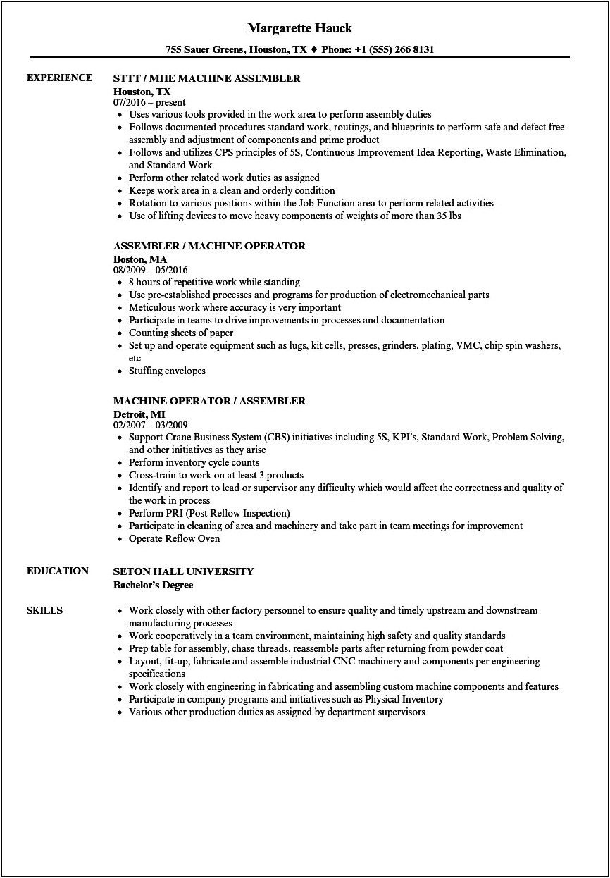 Resume Headliners Examples For Heavy Manufacturing Assembly