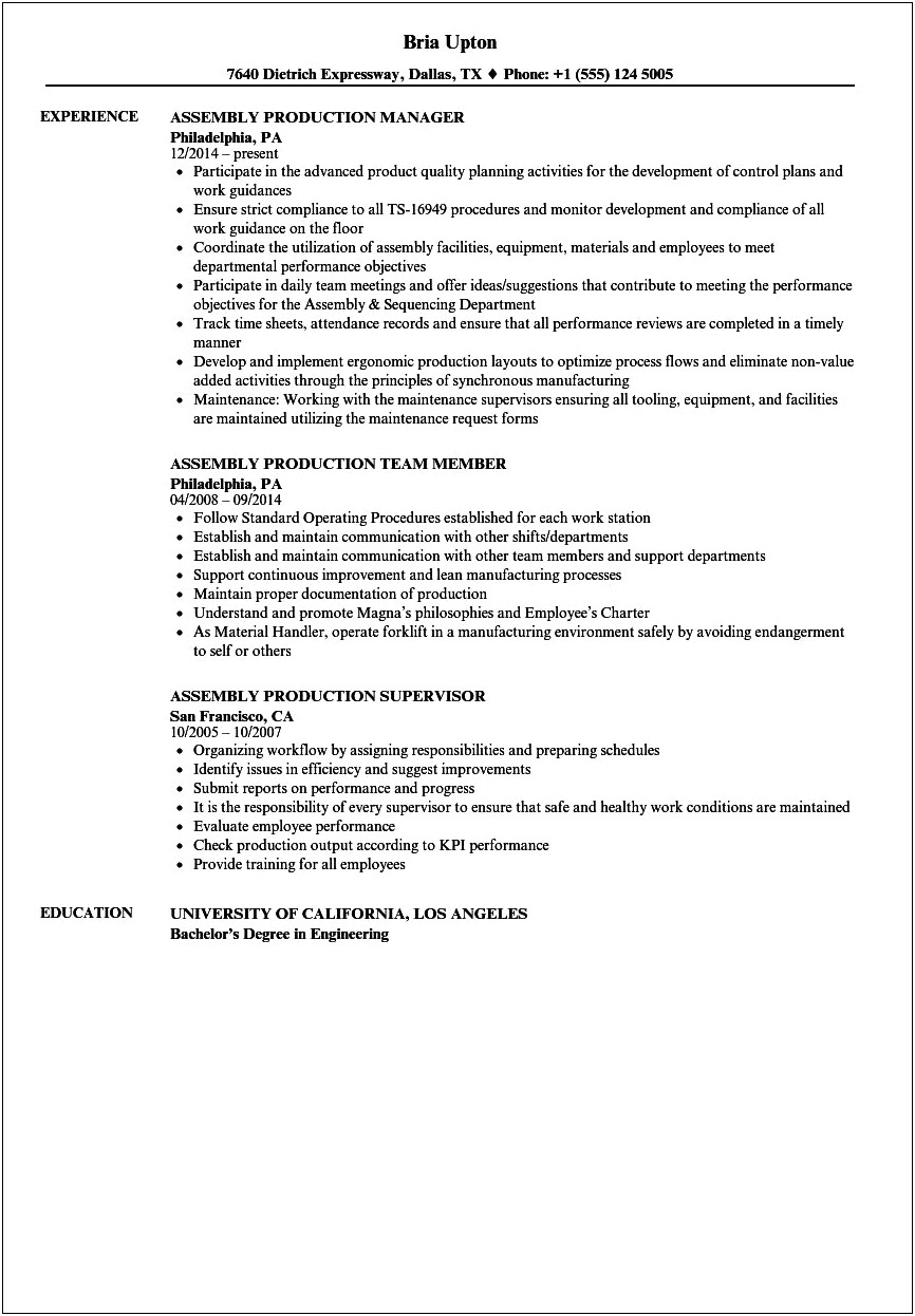 Resume Headlines Examples For Heavy Manufacturing Assembly