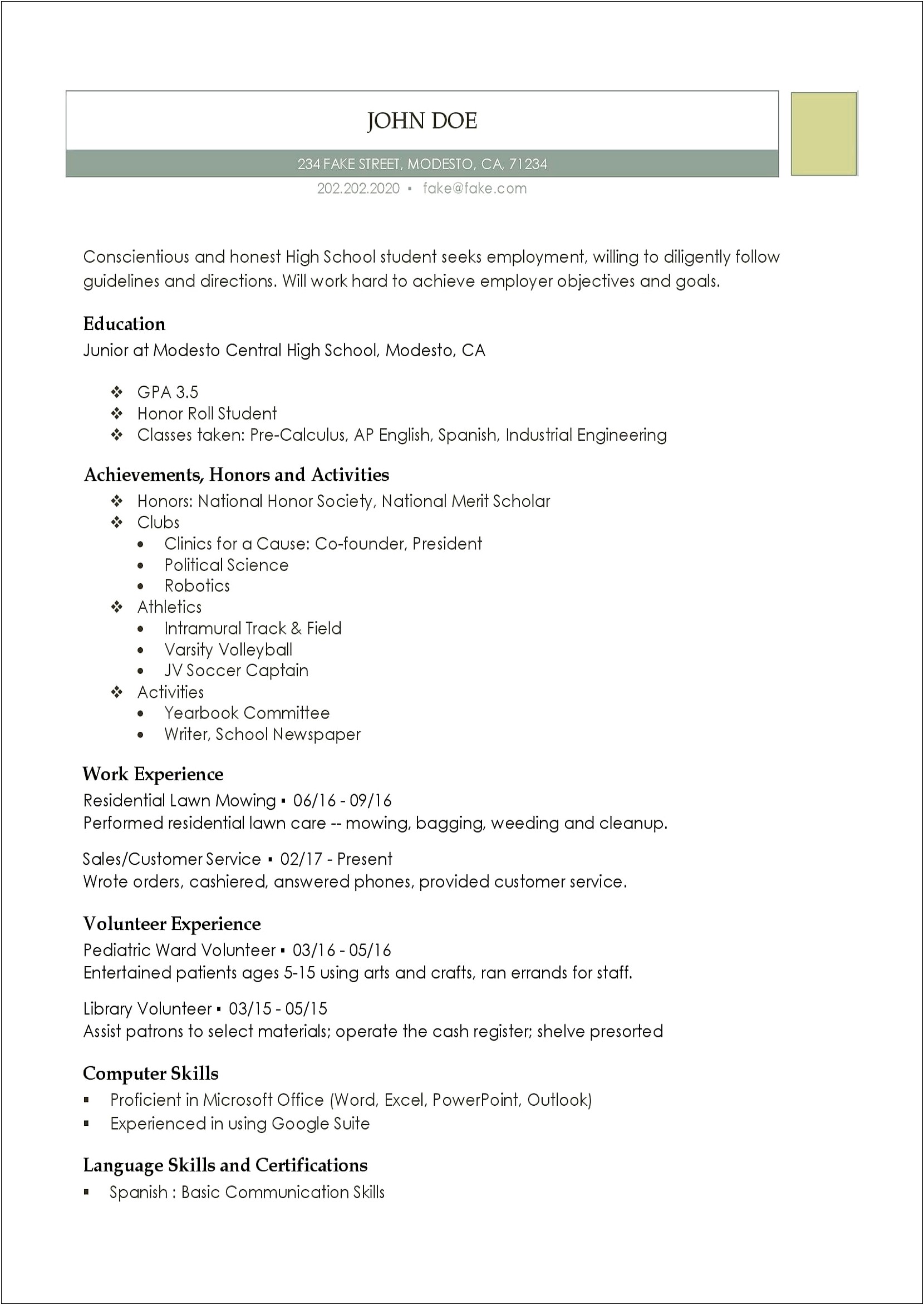 Resume High School Description Example