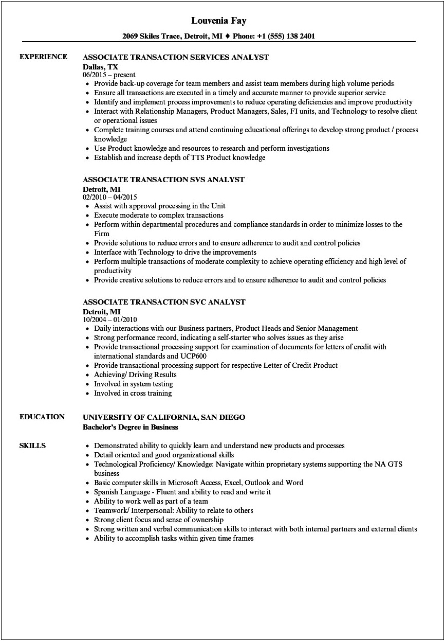 Resume Higlight Examples For A Transa