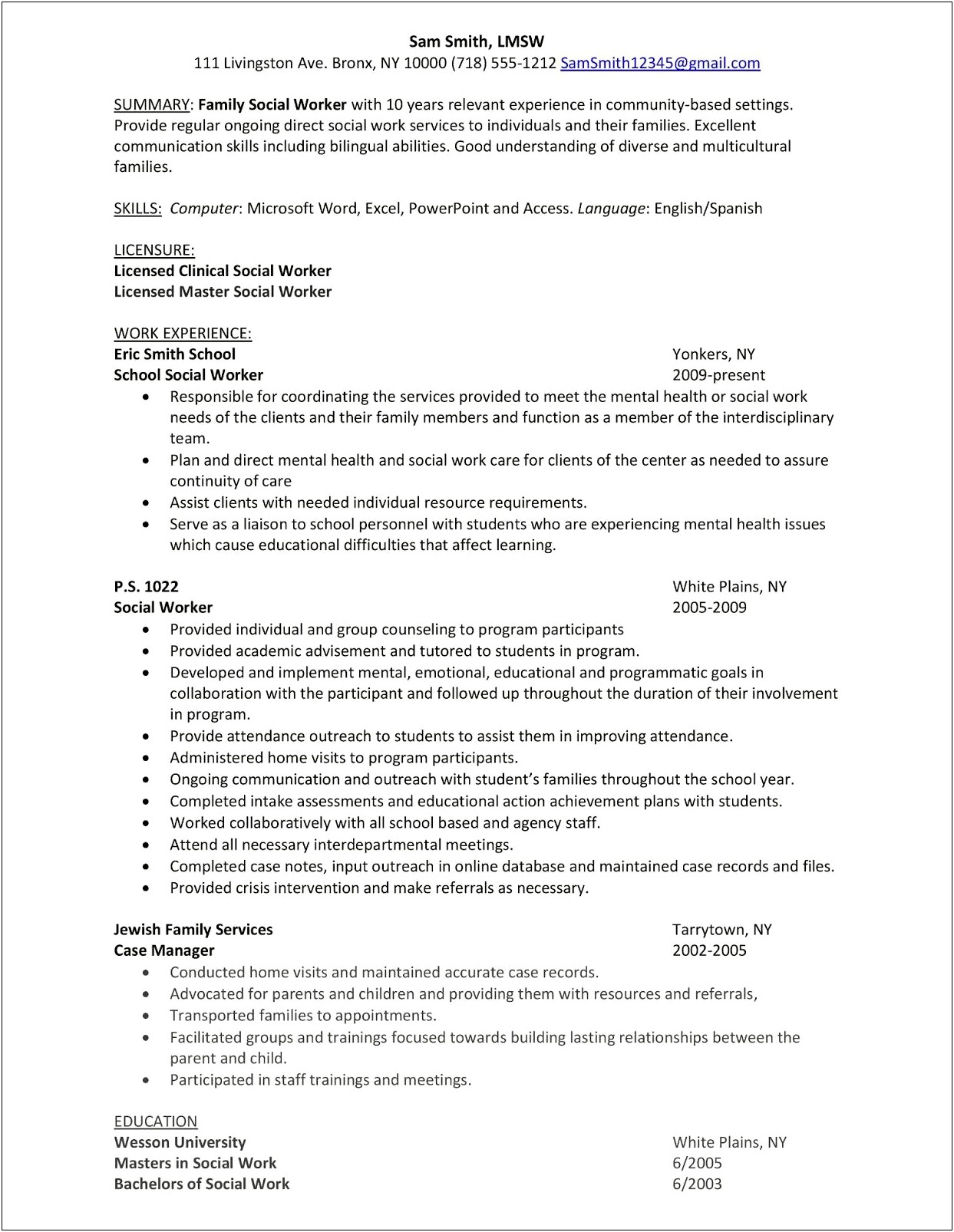 Resume Human Services Social Work Manager