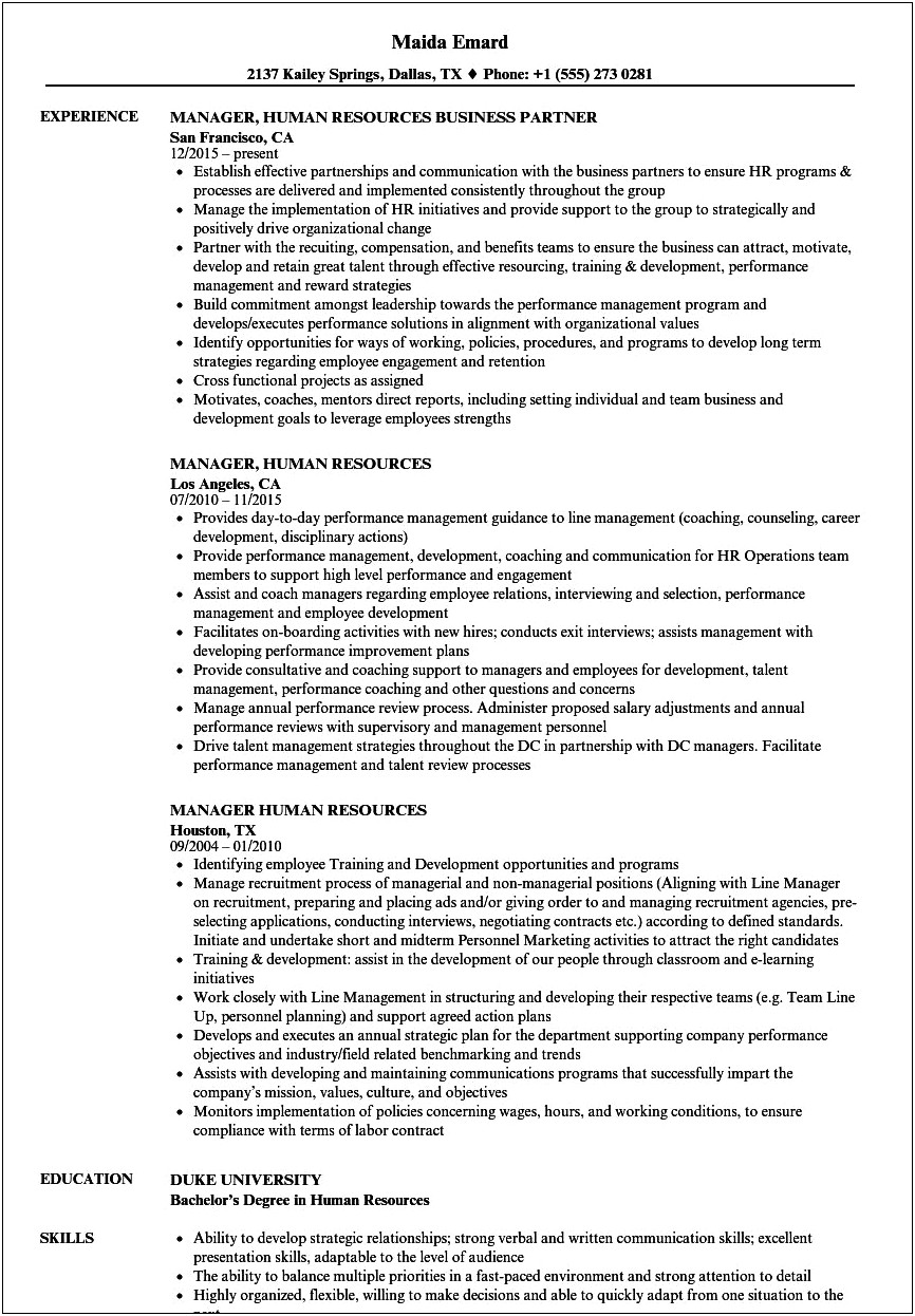 Resume In Human Resource Management