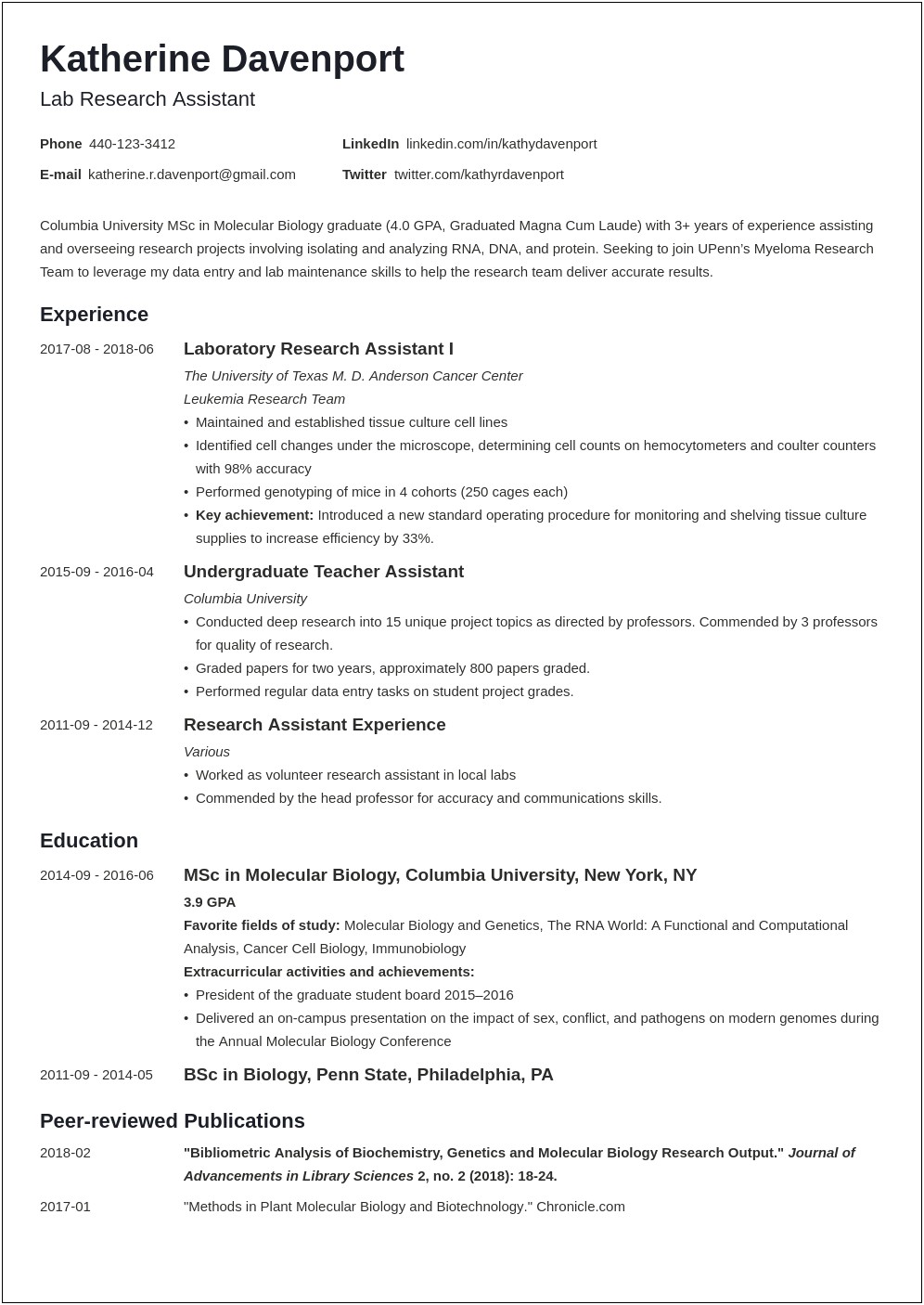 Resume Industry Work No Experience Research Academia