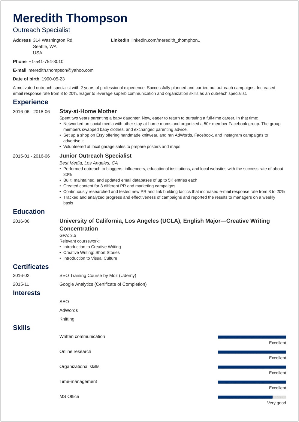 Resume Information For Stay At Home Mom Example