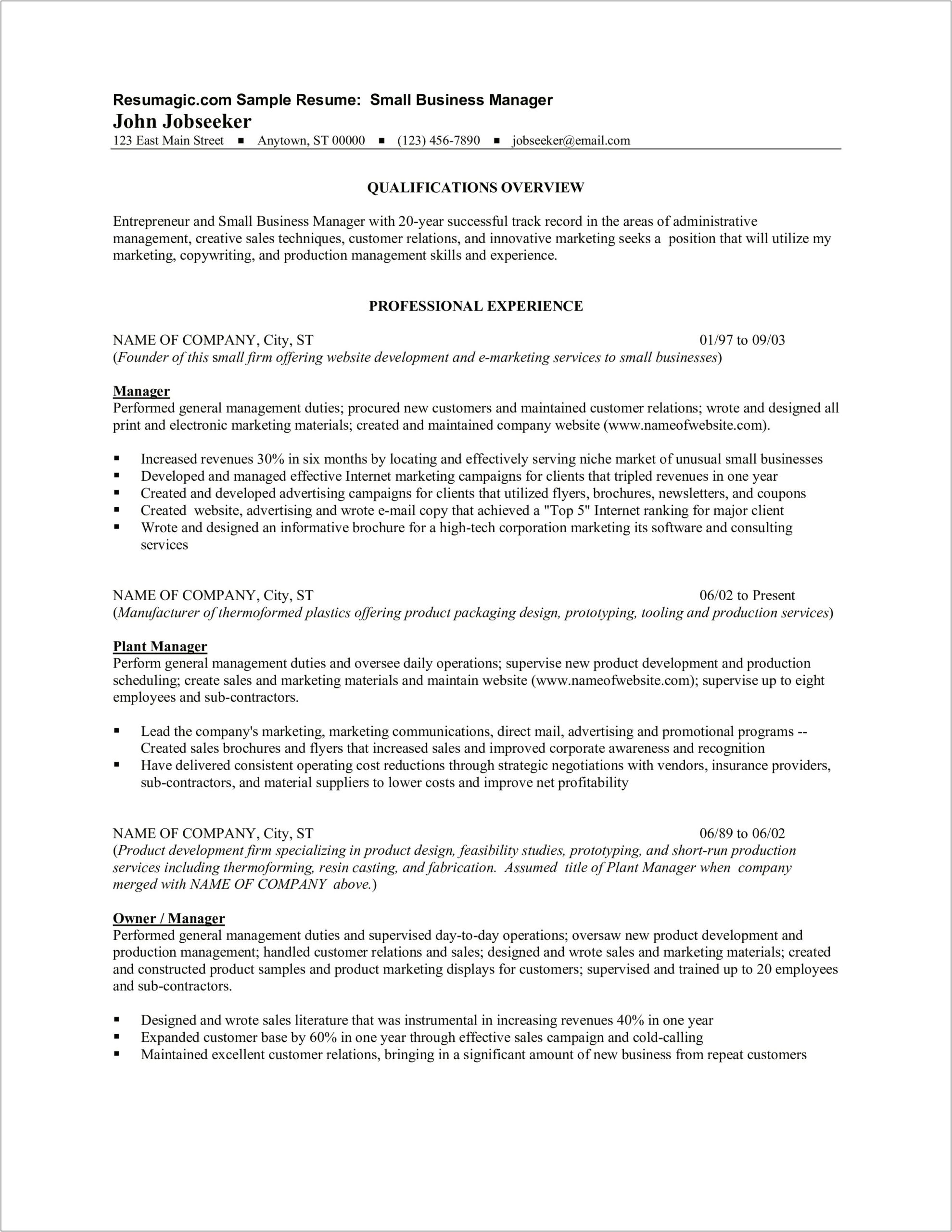 Resume Input For Managing A Small Business