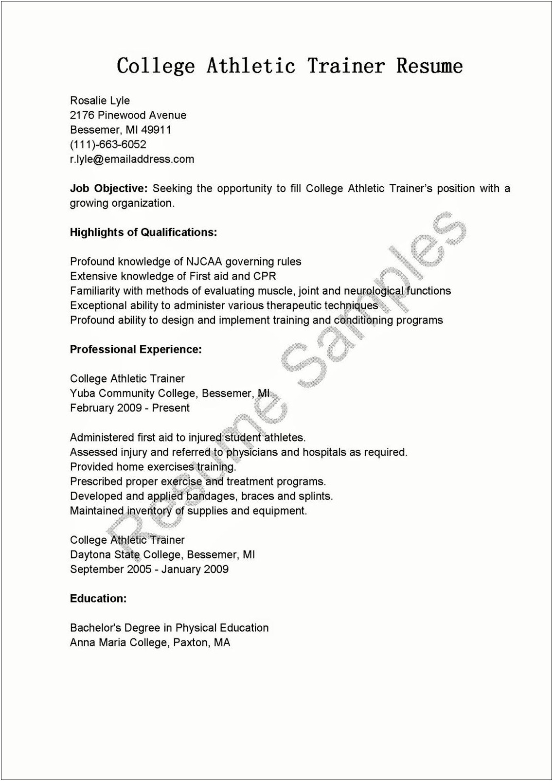 Resume Job Description Athletic Trainer