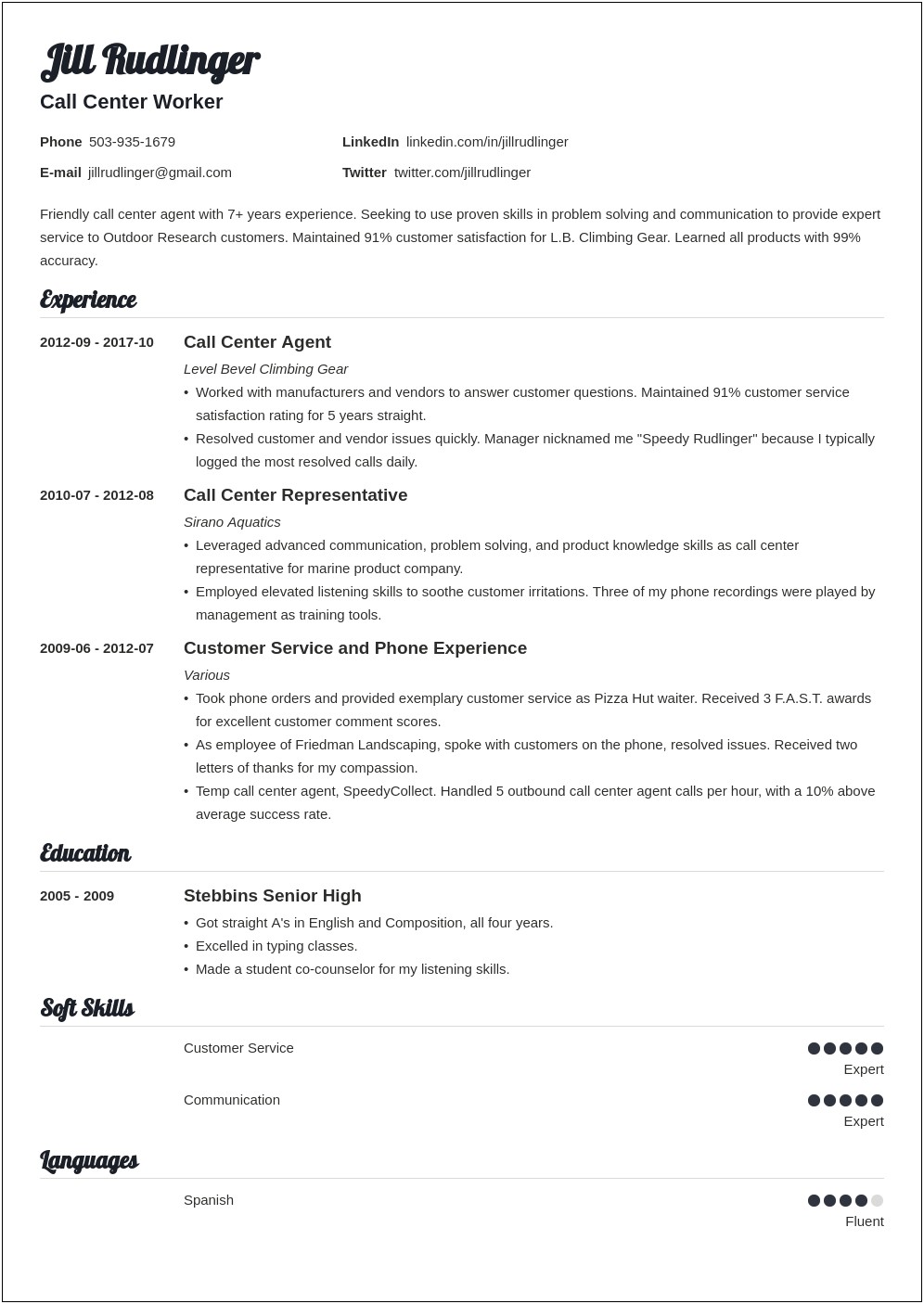 Resume Job Description Call Center