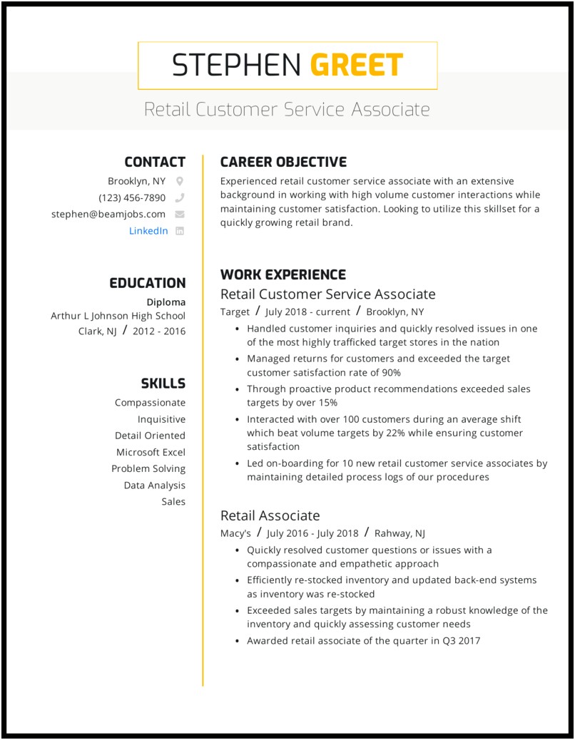Resume Job Description Customer Service