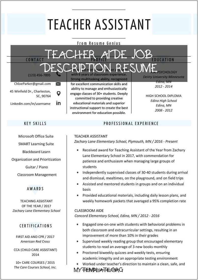 Resume Job Description Examples Teacher