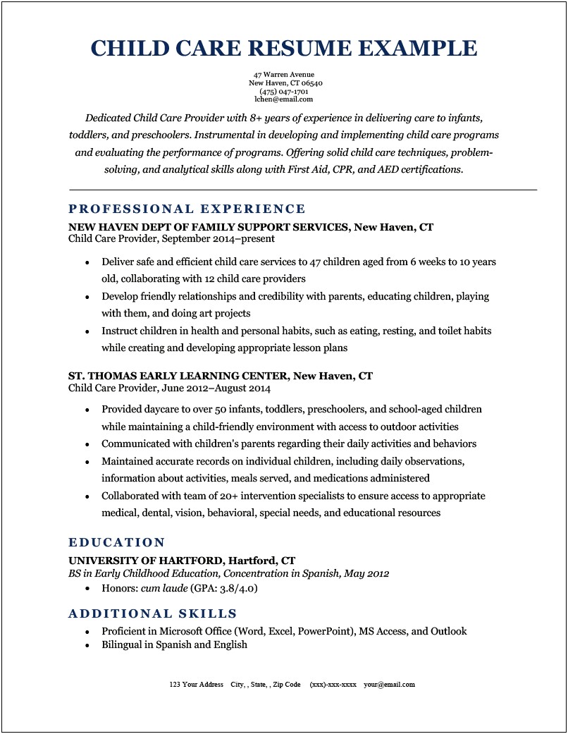 Resume Job Description For Child Care Provider