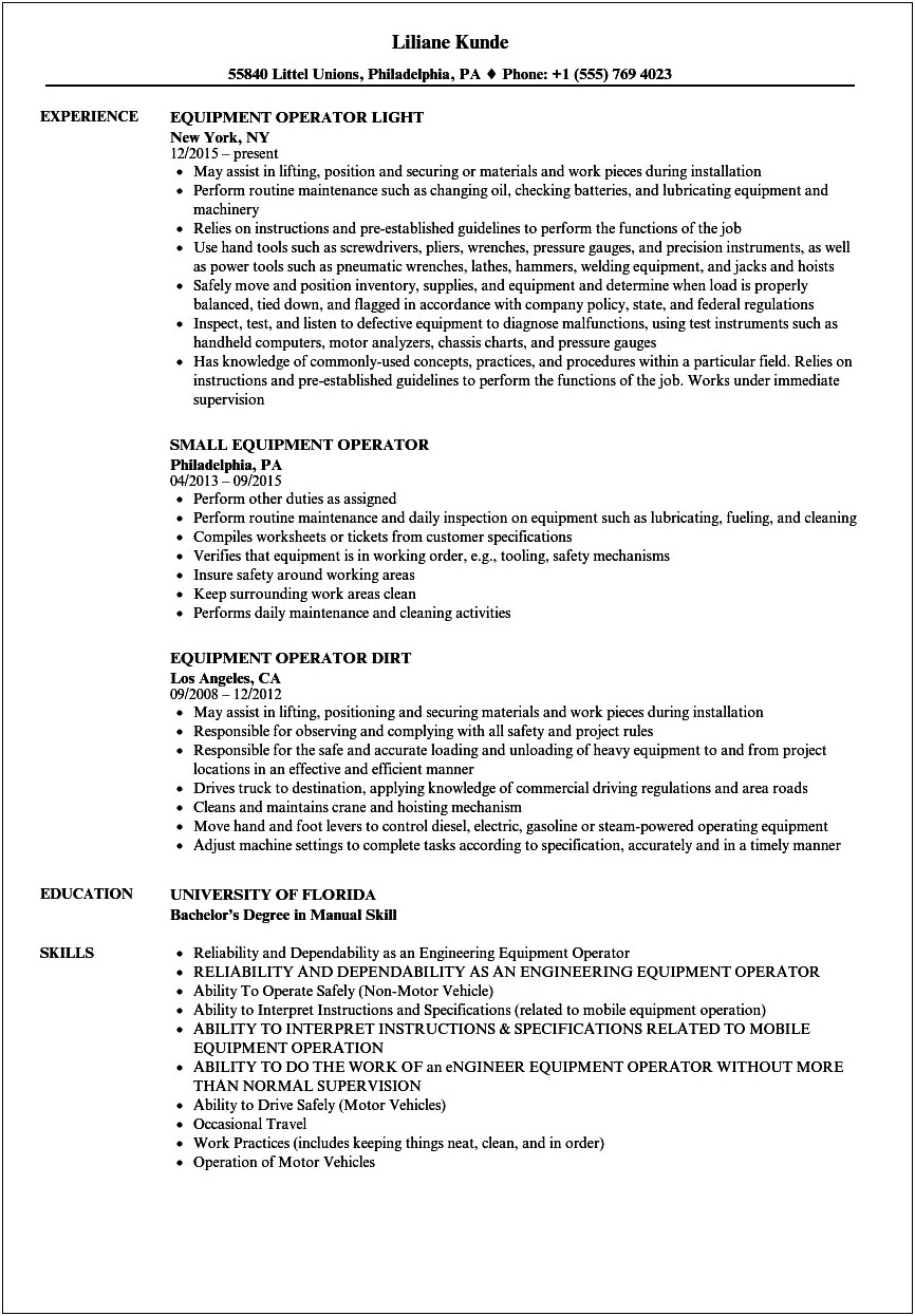 Resume Job Description For Equipment Operator
