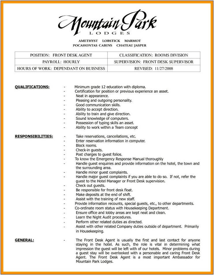 Resume Job Description For Front Desk Agent