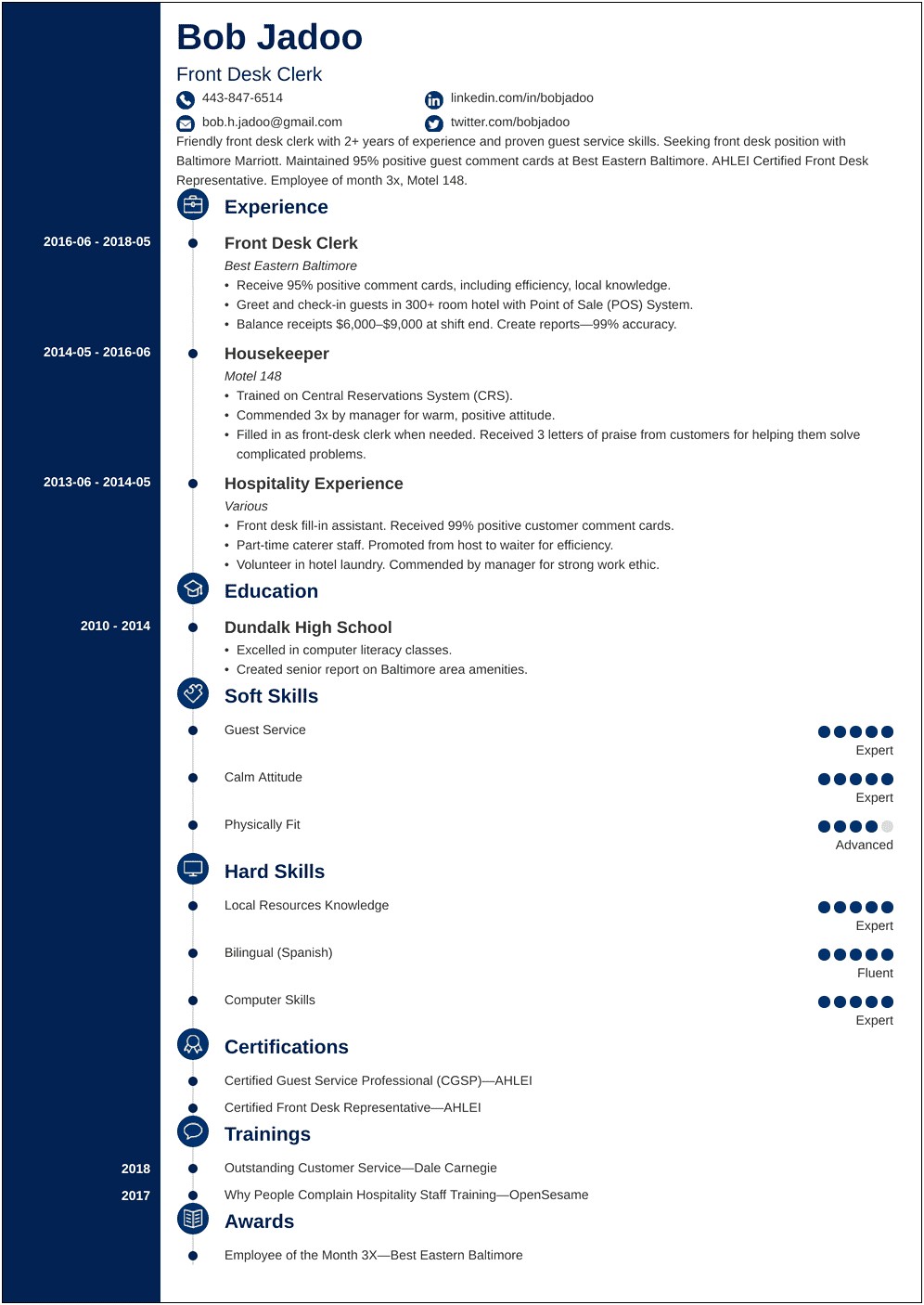 Resume Job Description For Hotel Server