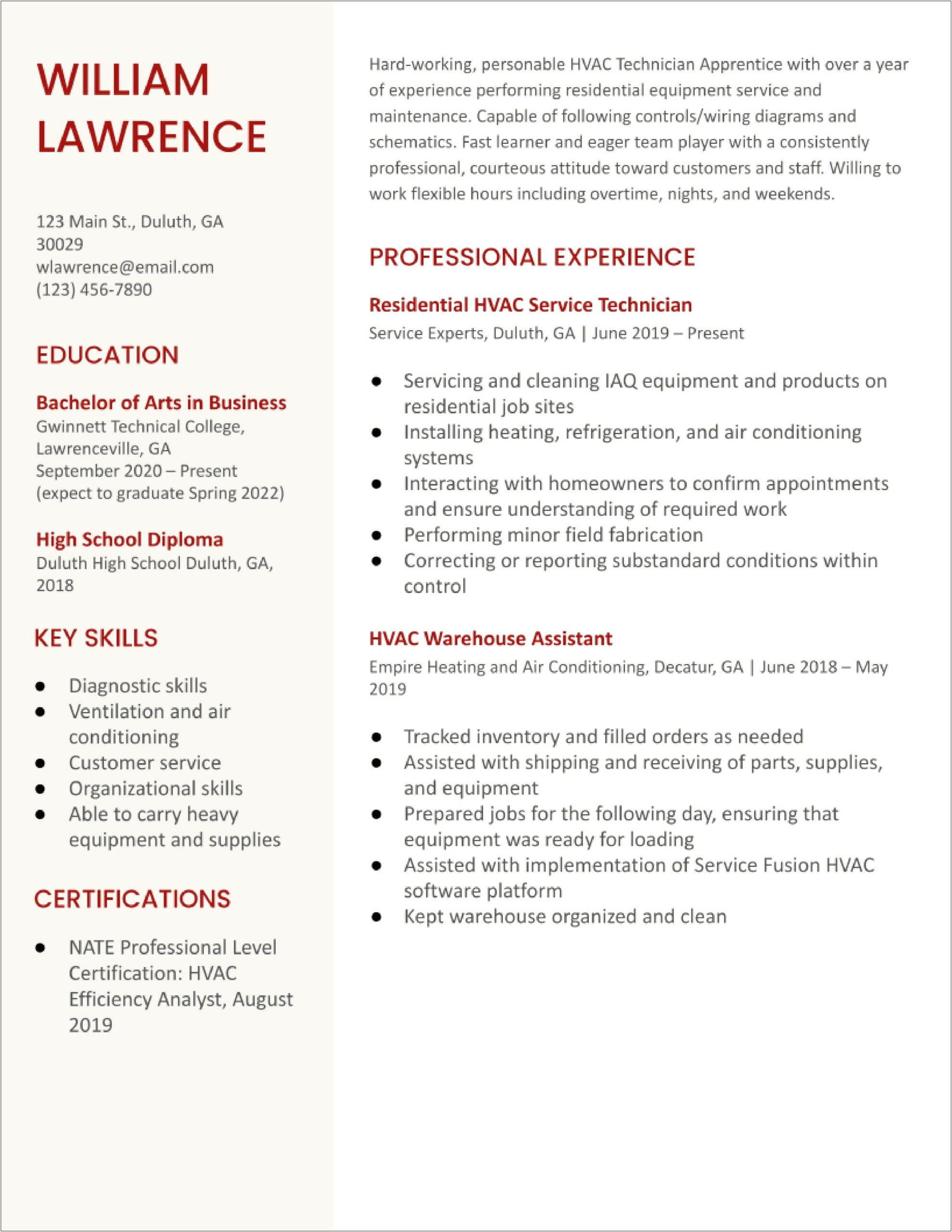 Resume Job Description For Hvac Apprentice