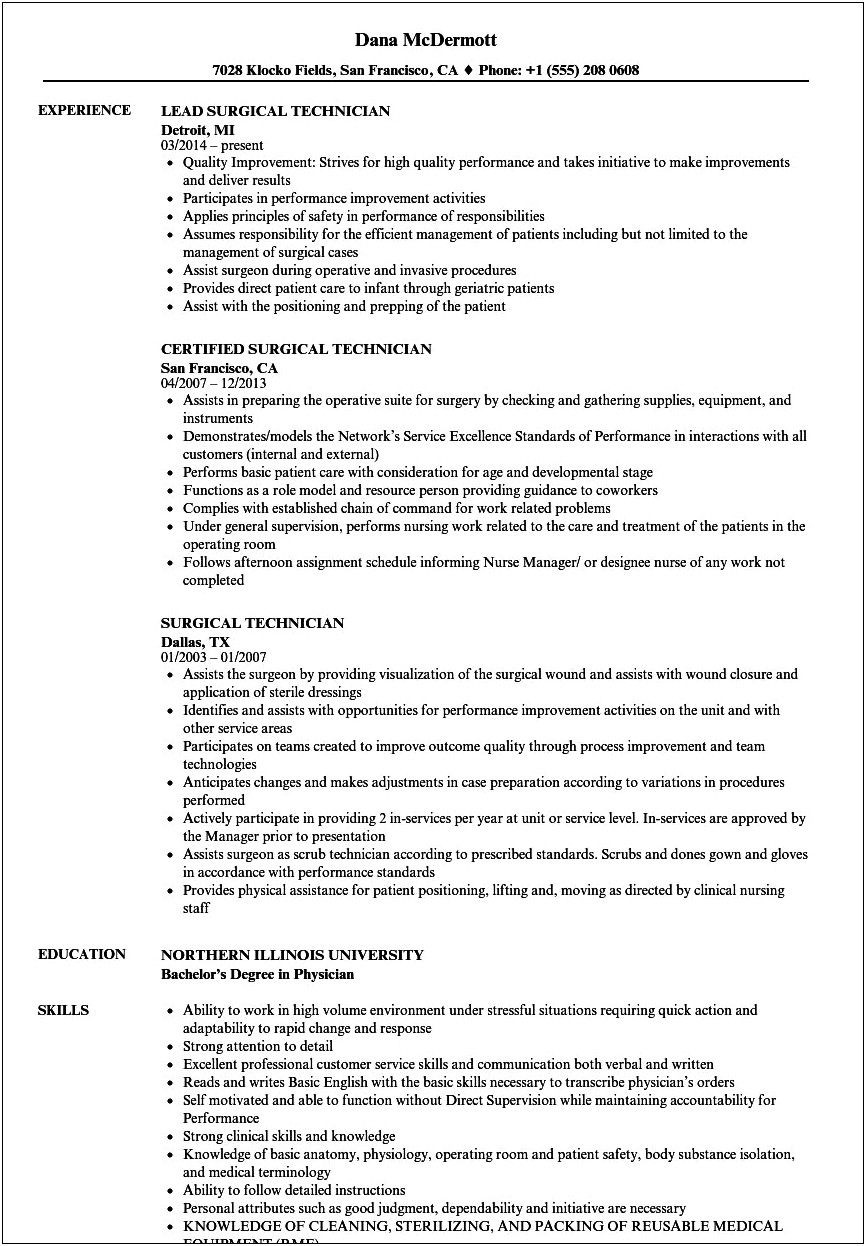Resume Job Description For Level 1 Trauma Technician