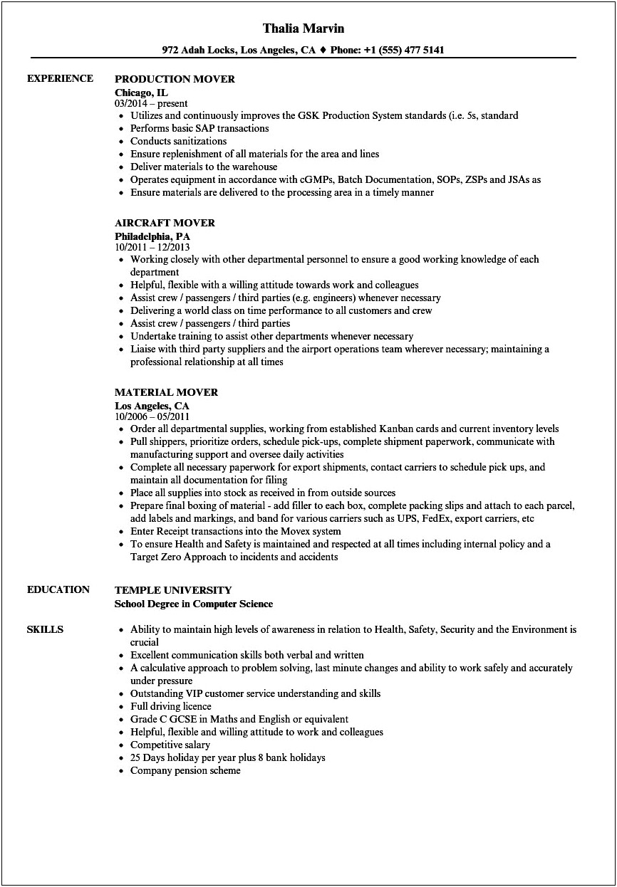 Resume Job Description For Mover