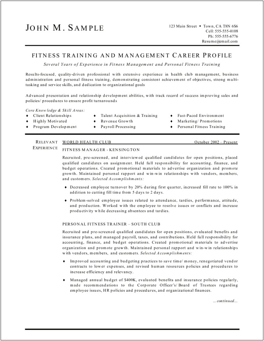 Resume Job Description For Personal Trainer