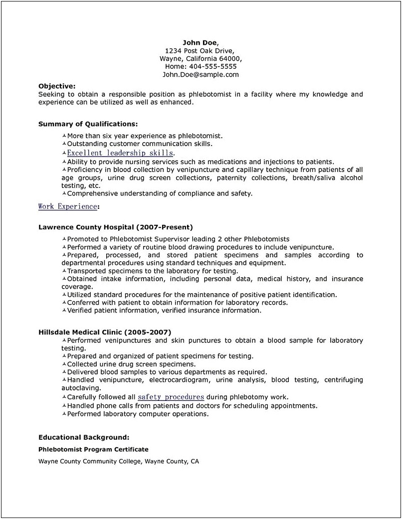 Resume Job Description For Phlebotomist