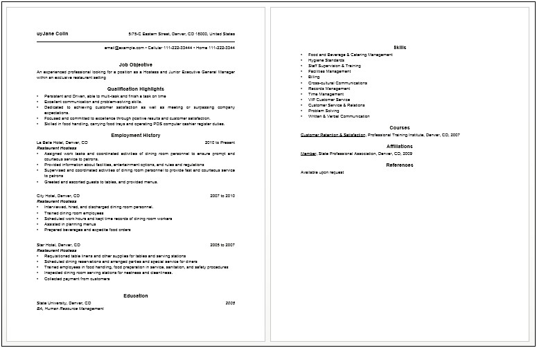 Resume Job Description For Restaurant Hostess