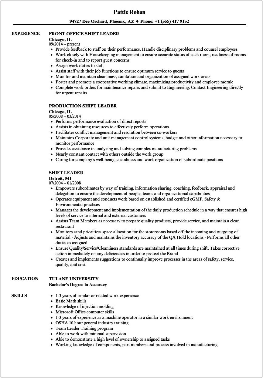 Resume Job Description For Shift Supervisor