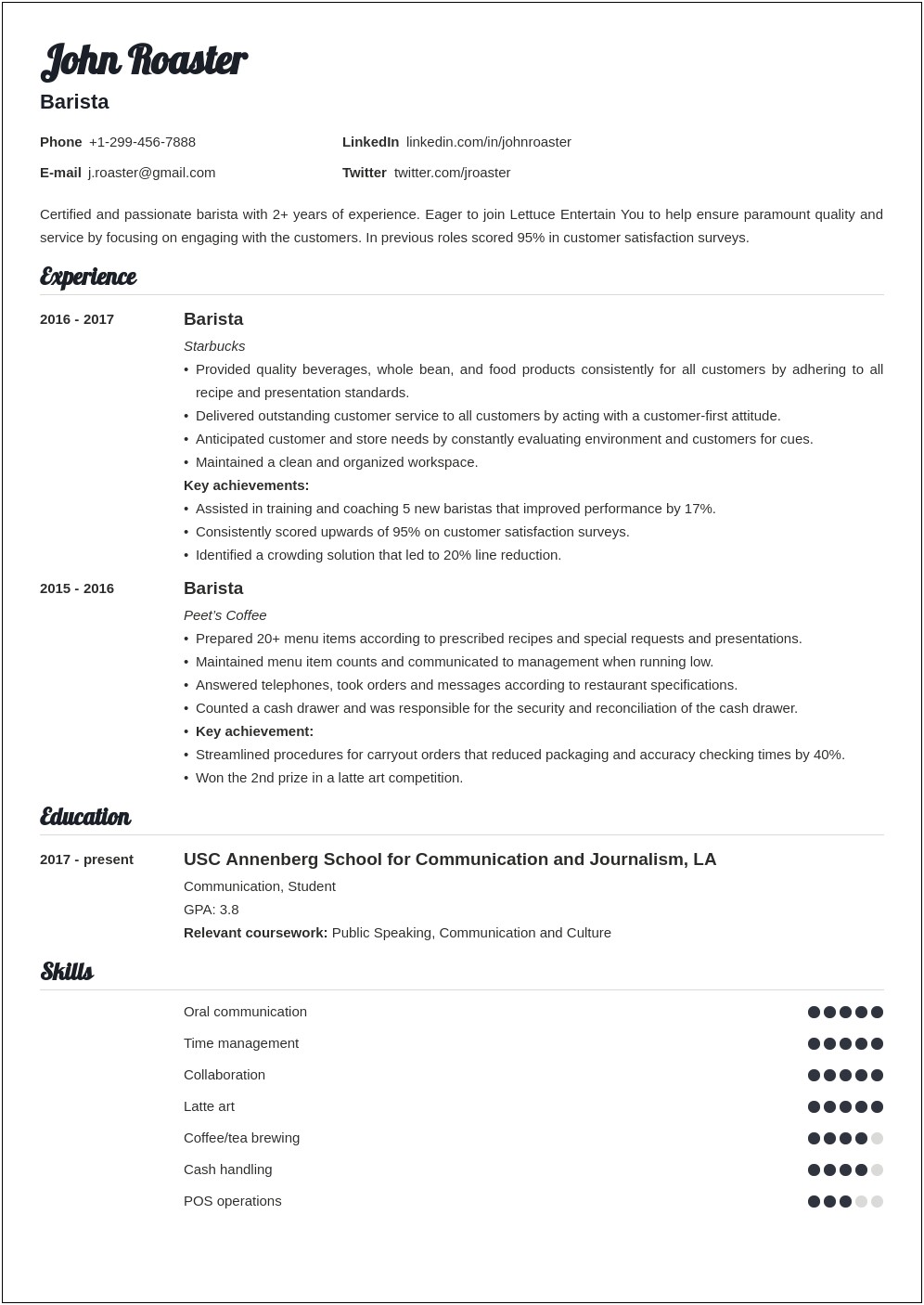 Resume Job Description For Starbucks Barista
