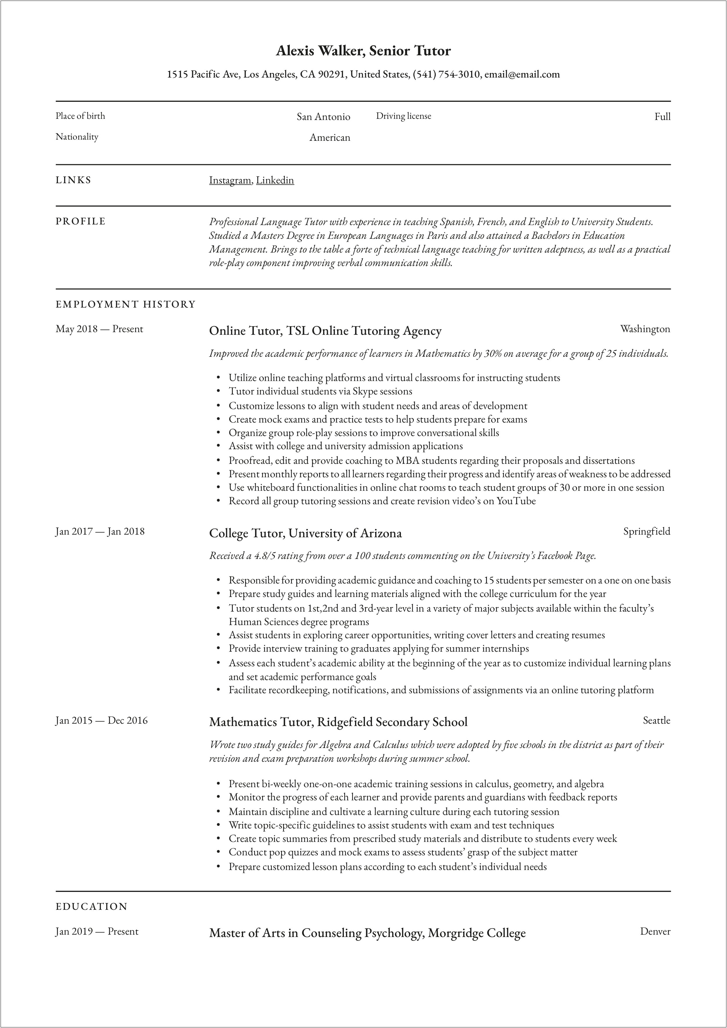 Resume Job Description For Tutor