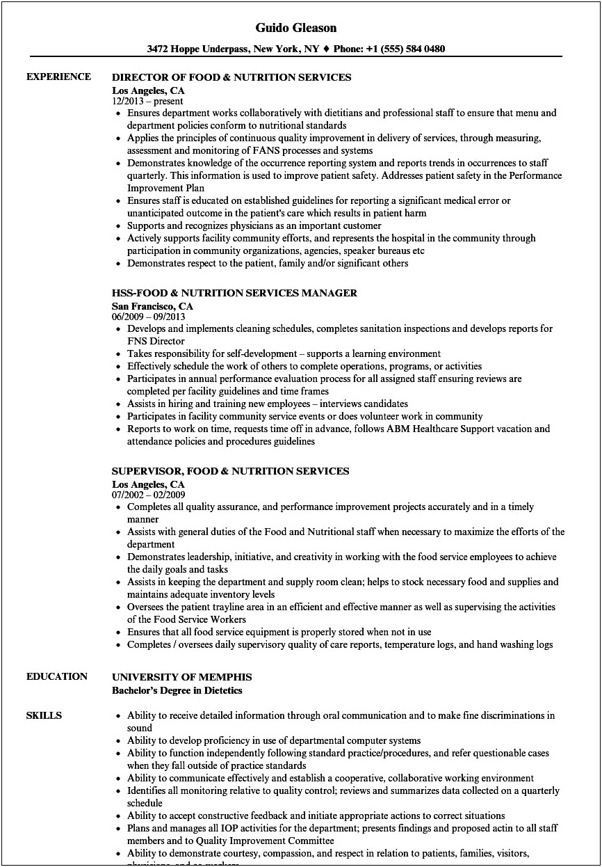 Resume Job Description For Wic Nutritionist