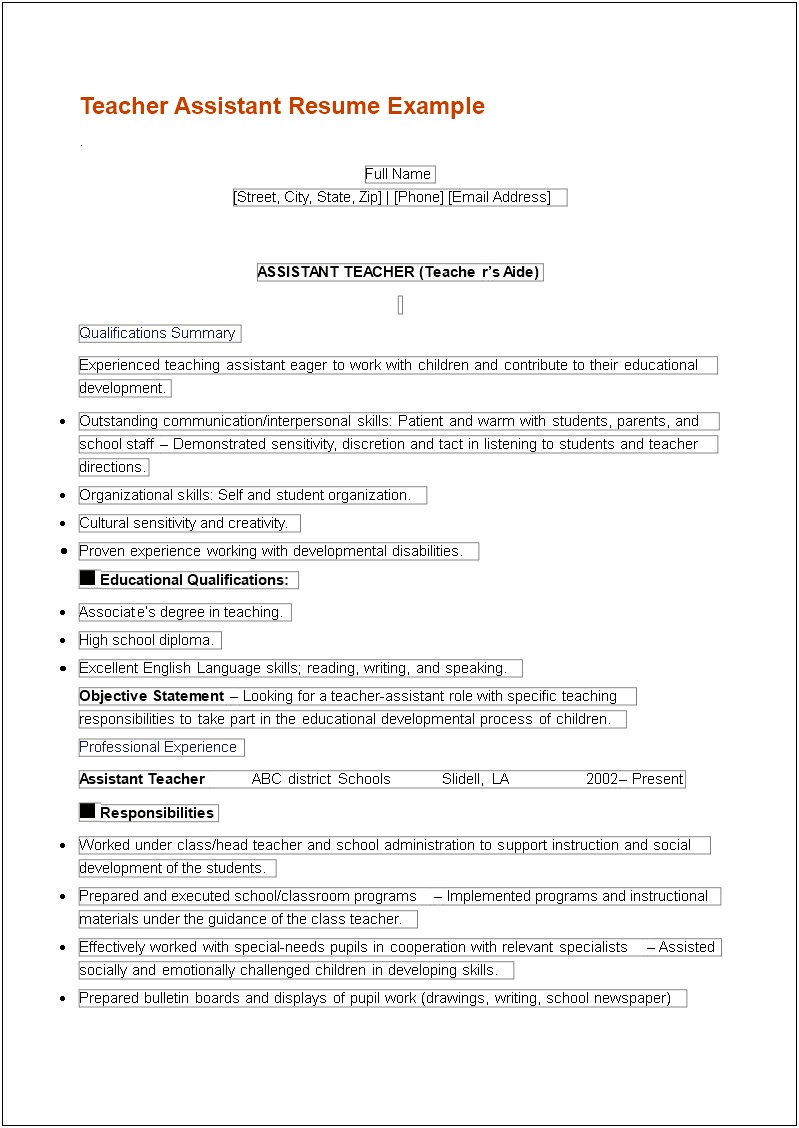 Resume Job Descriptions For Teachers