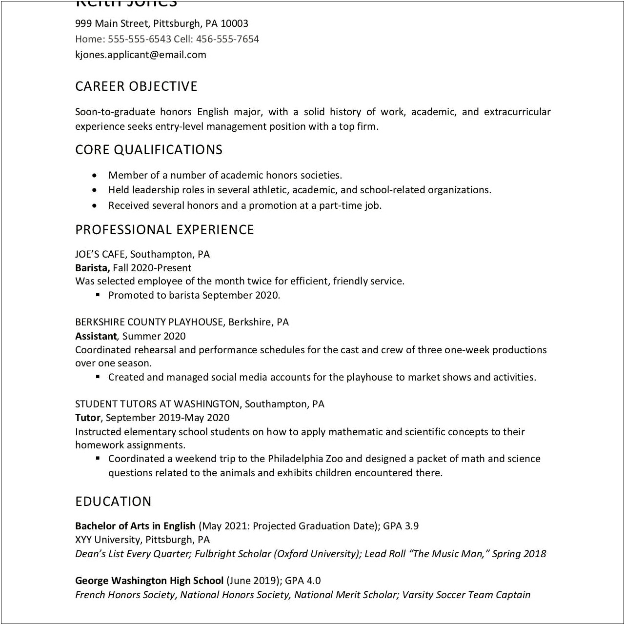 Resume Just Out Of High School