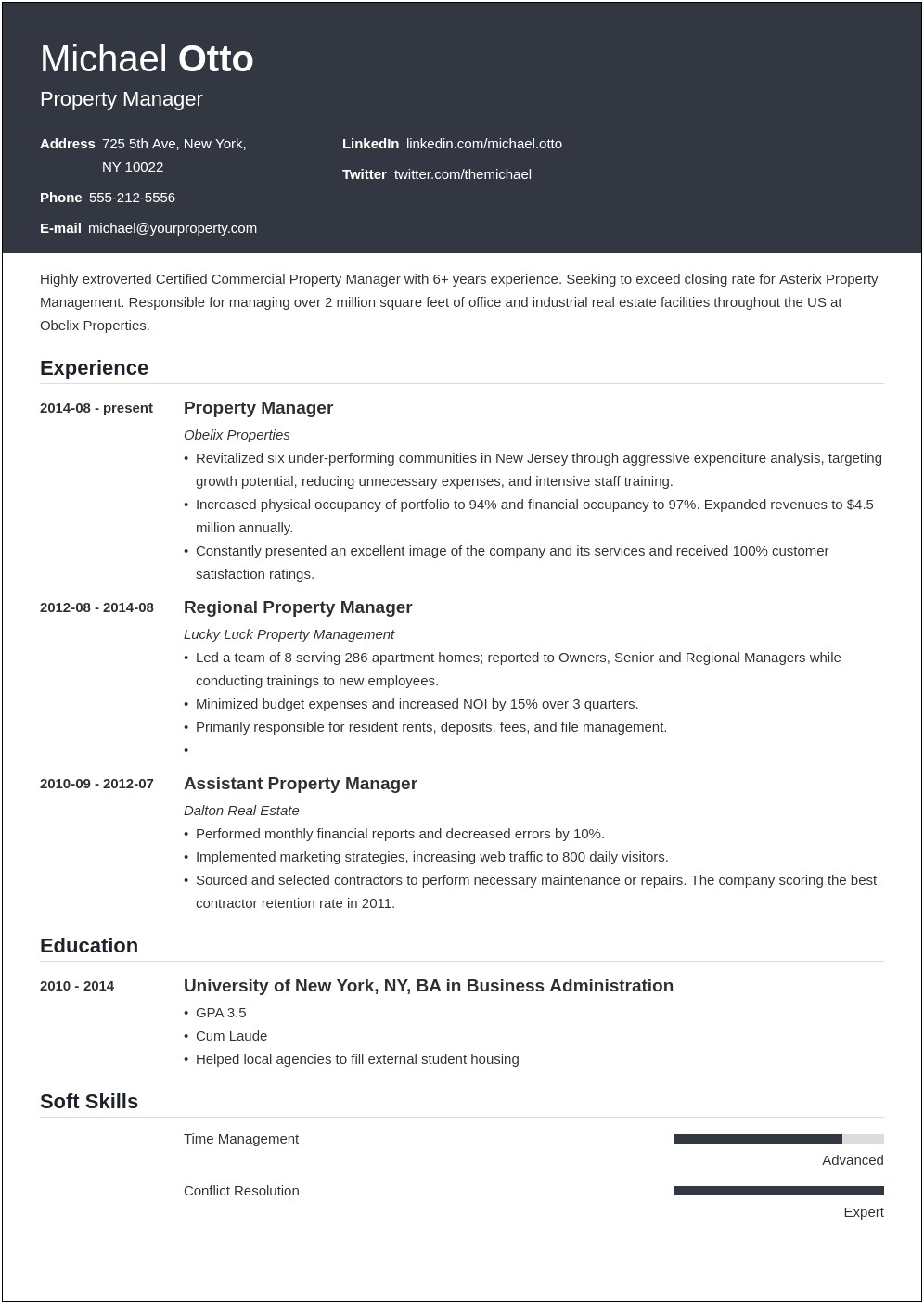 Resume Language For Property Manager