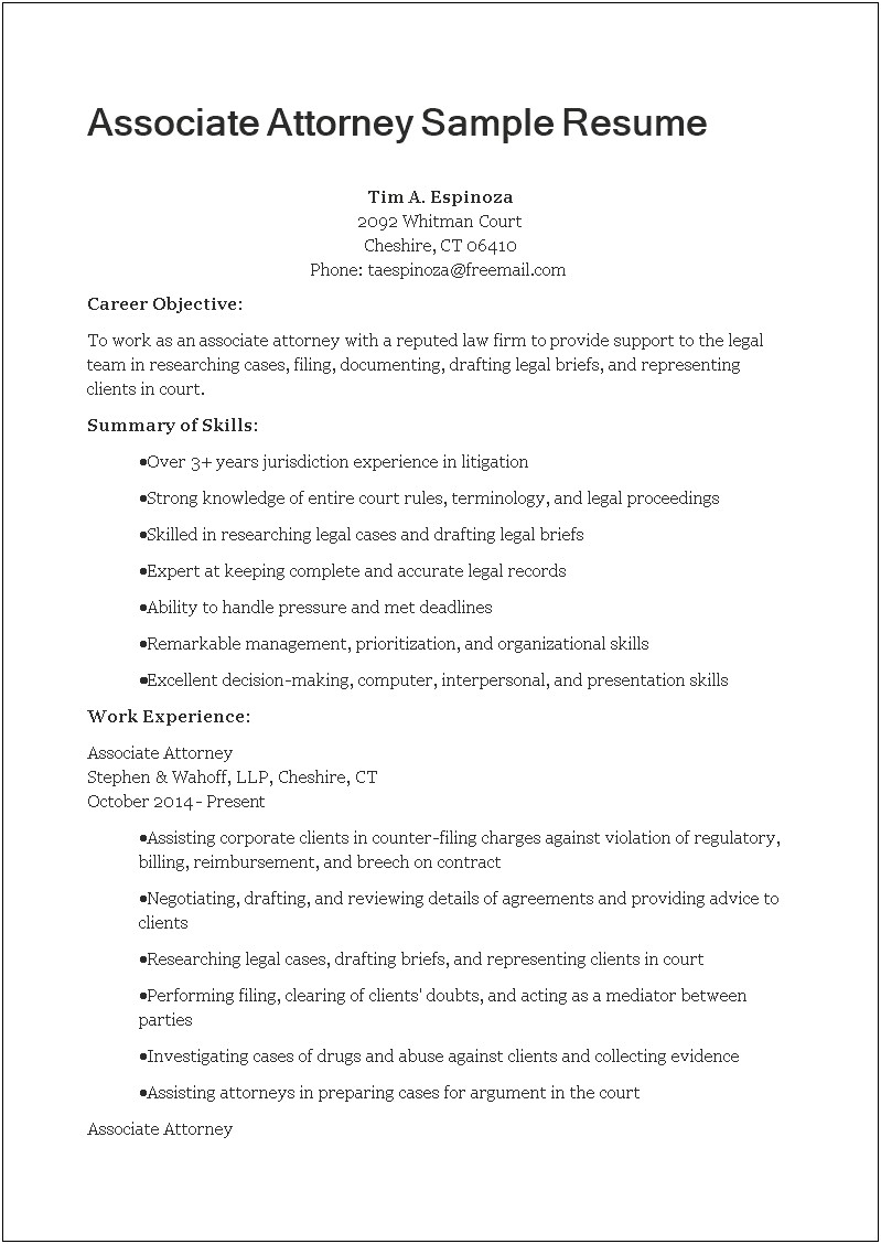 Resume Law Firm Summary Sample
