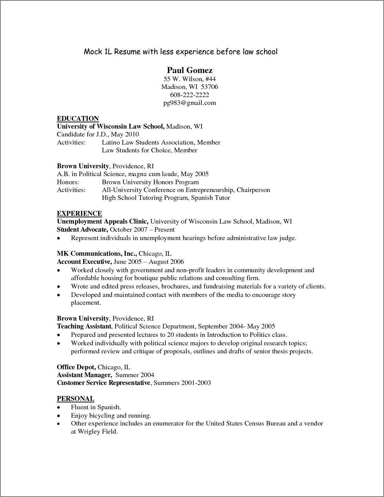 Resume Law School Application Sample