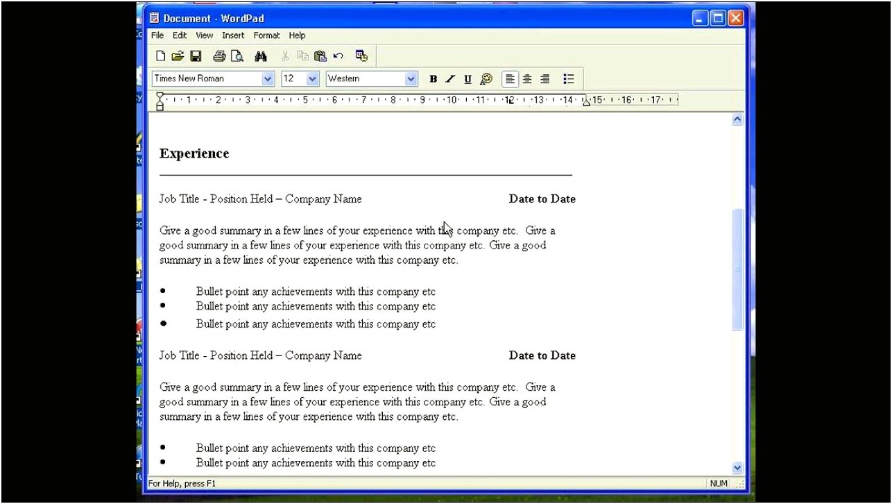 Resume Layout Free For Word Pad