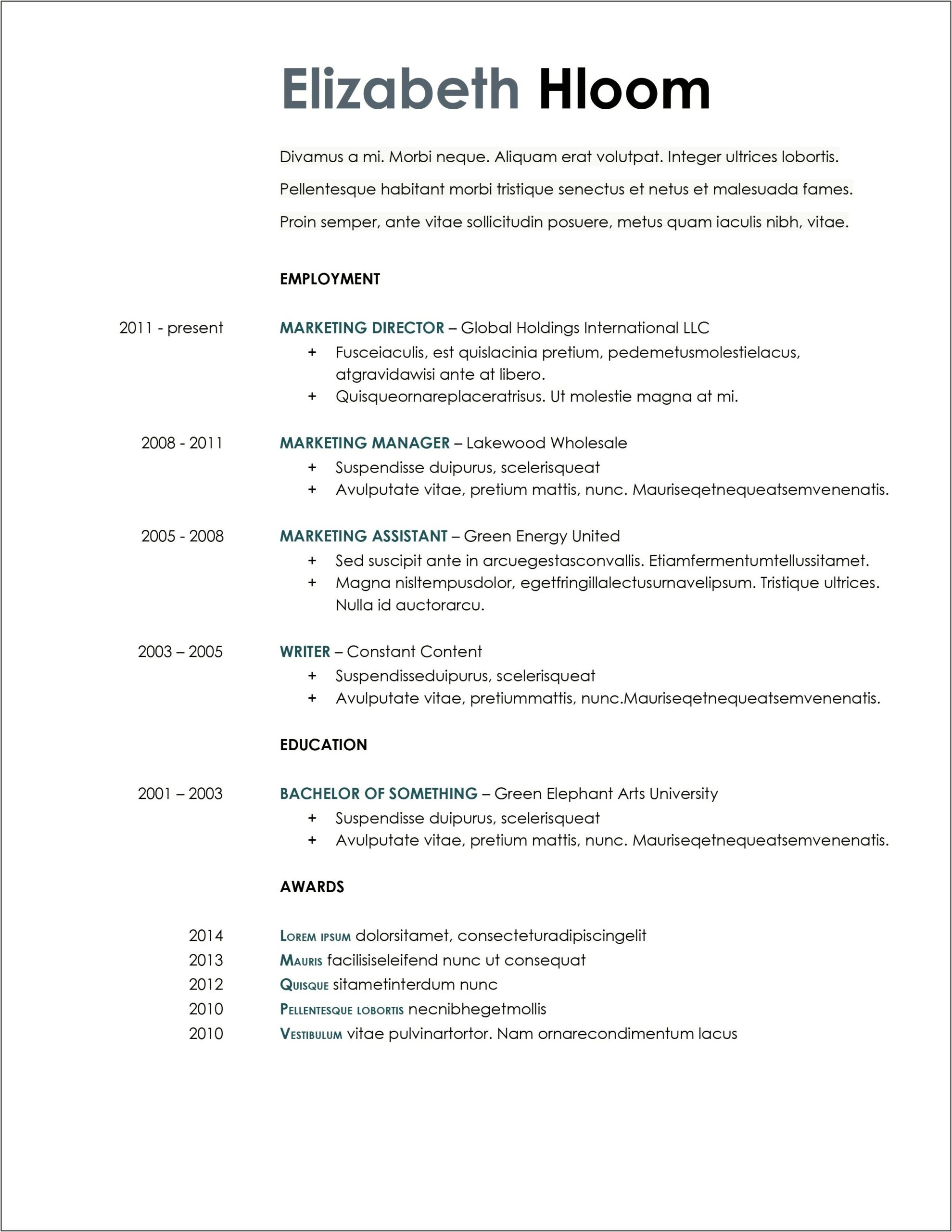 Resume Layout On Microsoft Word 2010