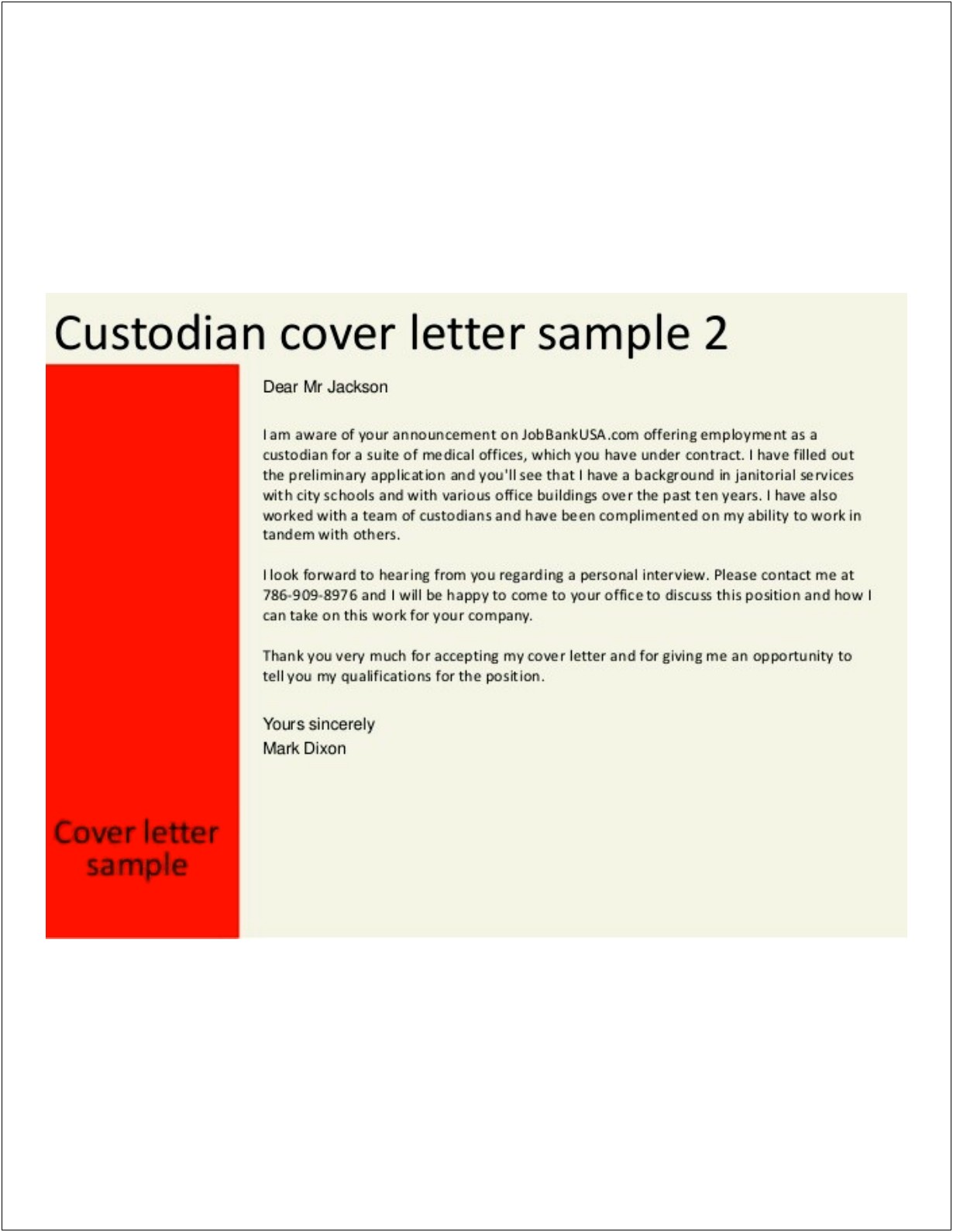 Resume Letter Sample For Custodian Position
