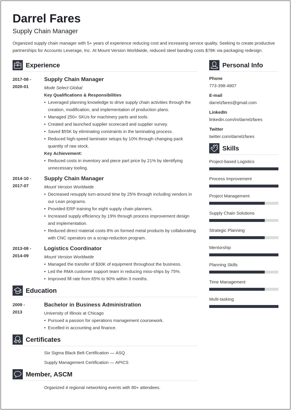 Resume Logistics Manager For Computer Parts Sample