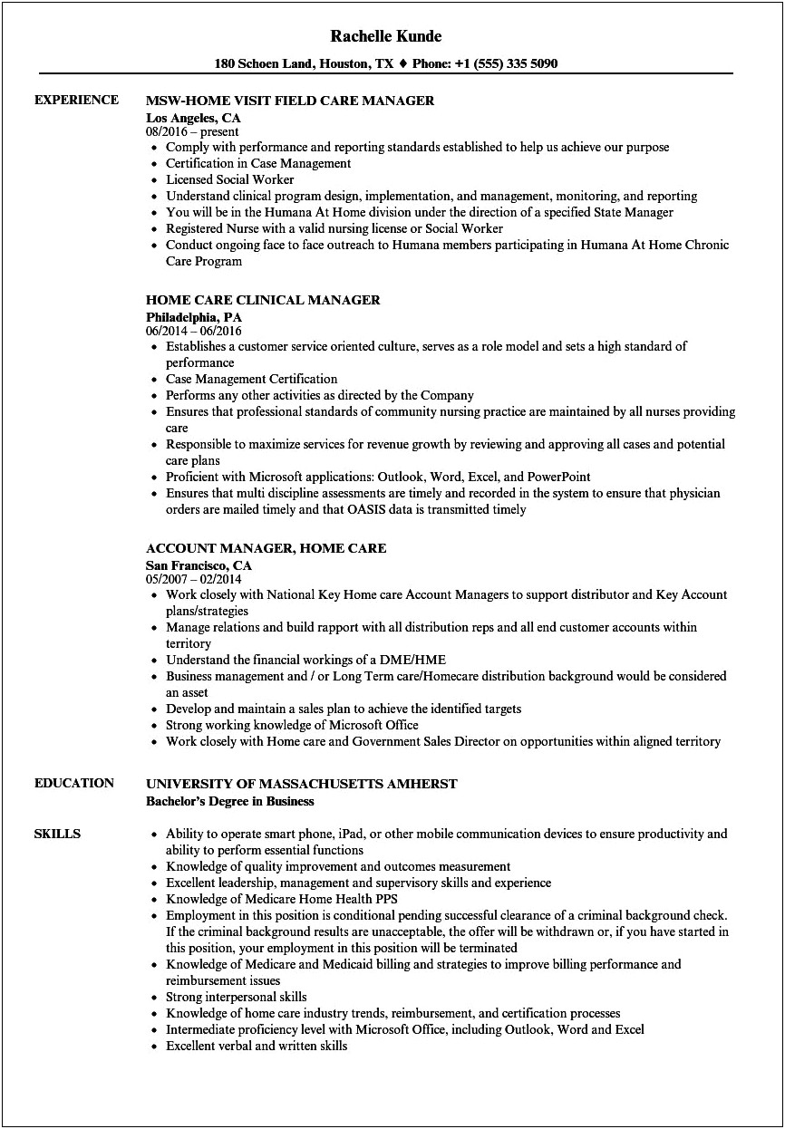 Resume Long Term Care Office Manager