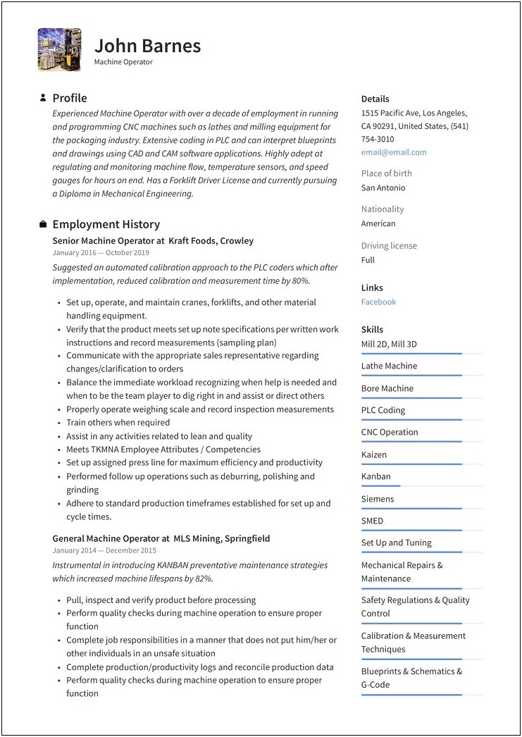 Resume Machine Operator Jobs Description