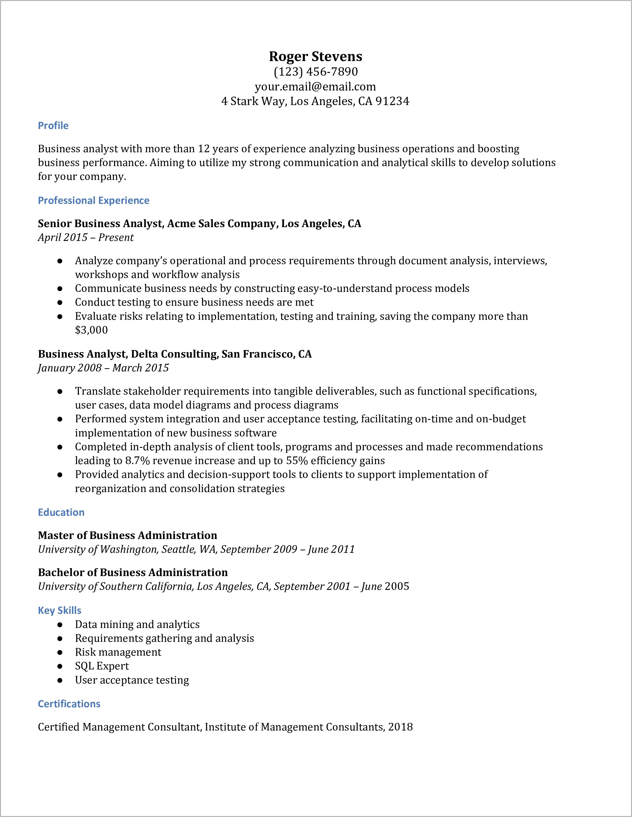Resume Managment Consultant Analyst Entry Level