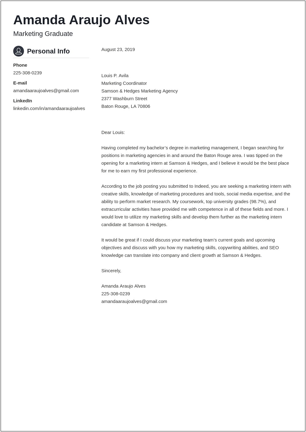 Resume Marketing Cover Letter Samples