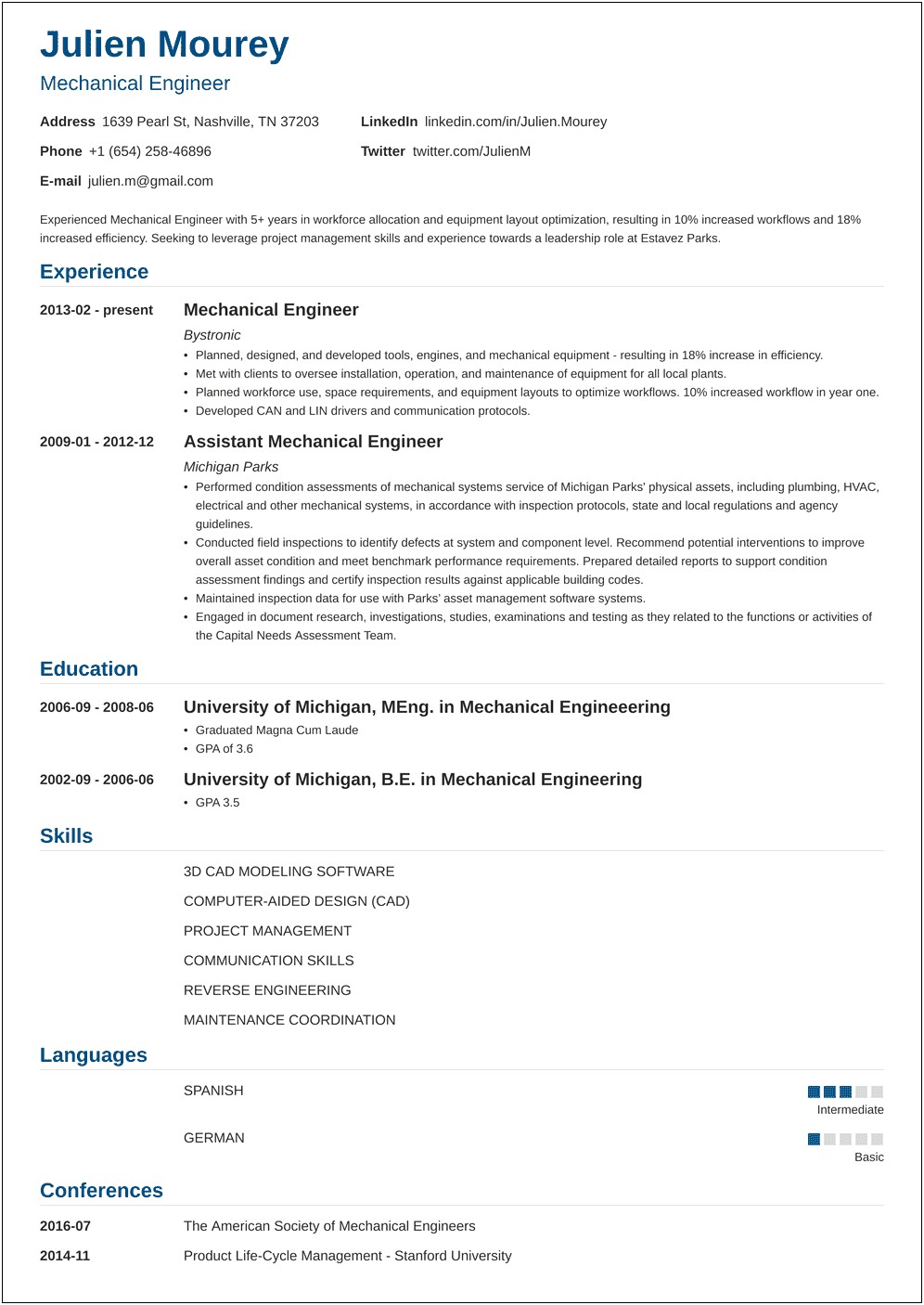 Resume Mechanical Engineer Example 1 Page