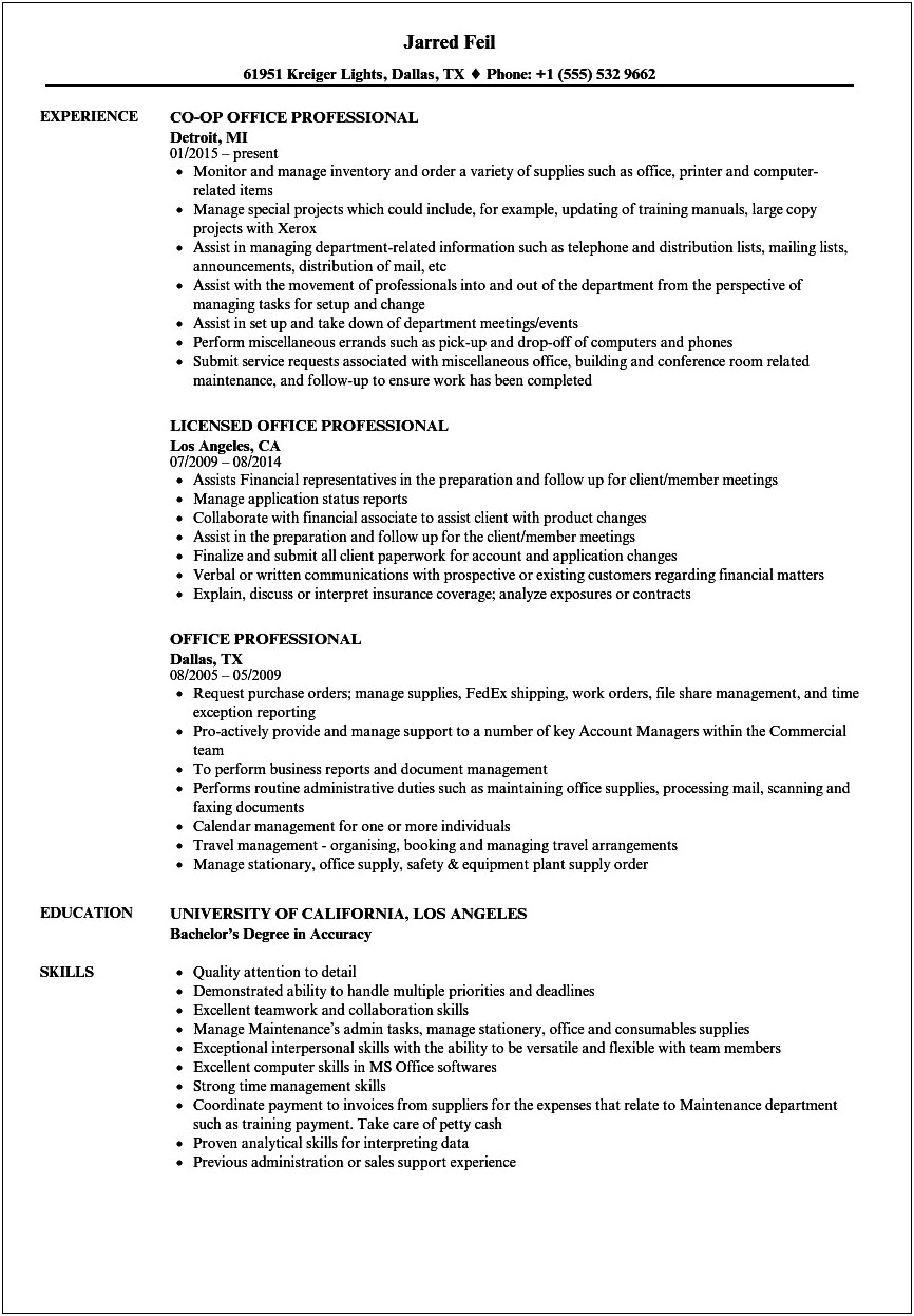 Resume Microsoft Office Products Example