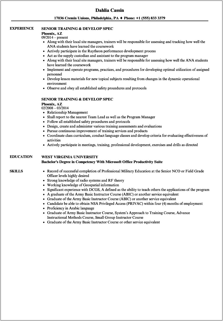 Resume Mos 31b Job Description